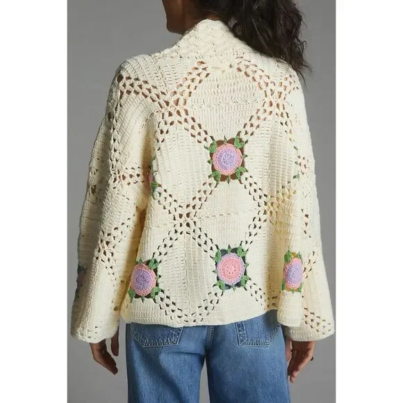 Maeve Cream Crochet Cardigan with Pink Rose Appliqués - Picture 2 of 10